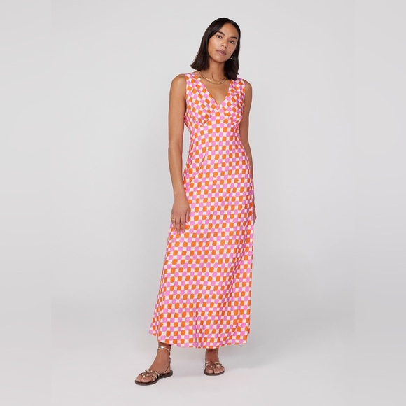 Kitri Womes US 6 Claire Picnic Check Bias Cut Long Slip Dress Empire Waist - Picture 1 of 11